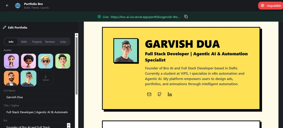 Portfolio Bro assembling a portfolio site inside Bro AI